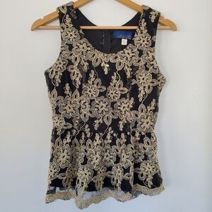 BLUE RAIN Sz S Sleeveless Black Metallic Gold Embroidery Peplum Top Zip Flounce